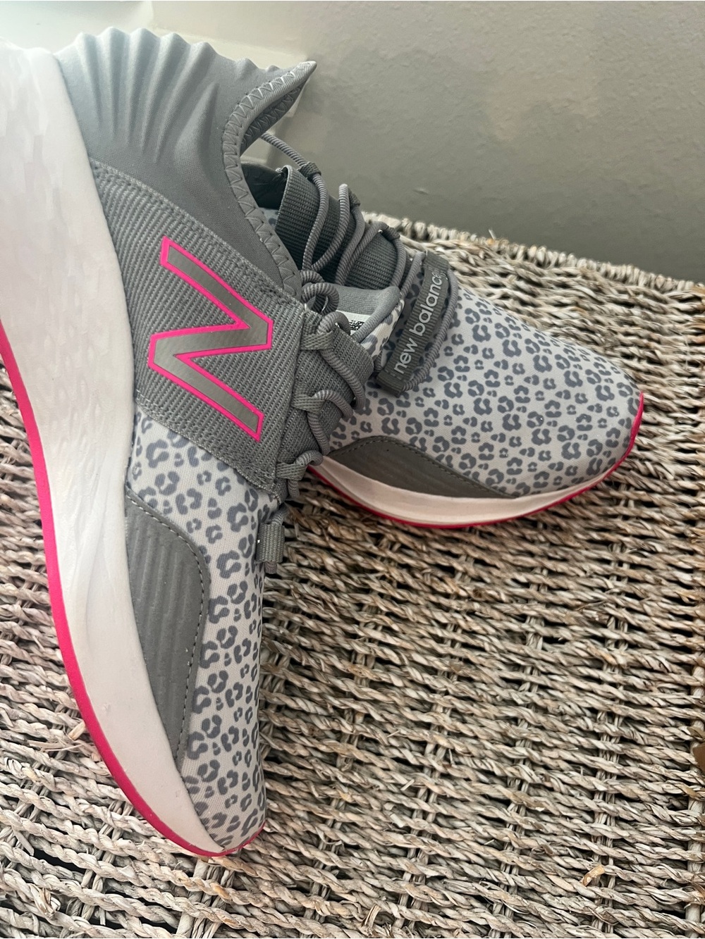 New Balance Women's Gray Sneakers with Pink Logo & Leopard Print